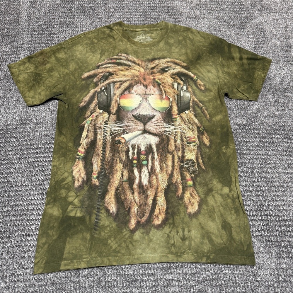 The Mountain Mens T Shirt L Olive Green Tie Dye Rasta Lion Dreadlocks Headphones